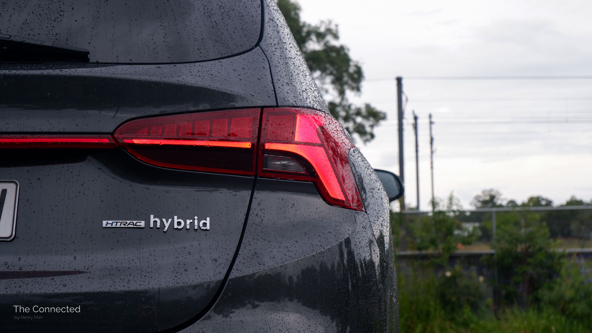 Hyundai Santa Fe Hybrid 'HTRAC hybrid' rear tailgate badge and LED tail-light