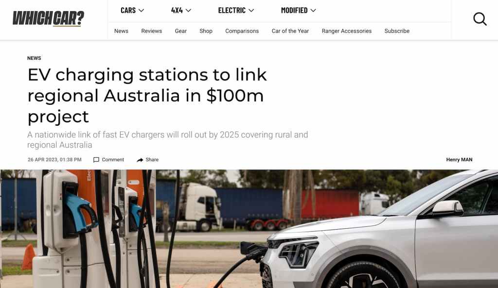 WhichCar website article on EV charging stations to link regional Australia in $100m project