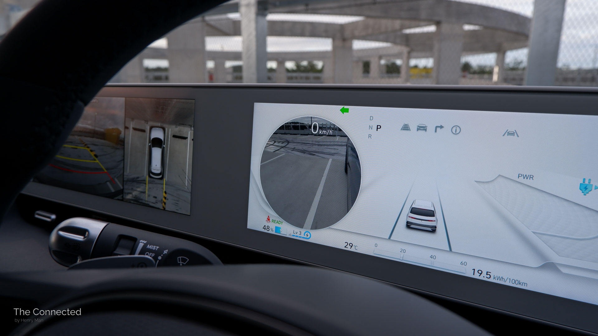 Hyundai Ioniq 5 blind spot view camera and 360-degree camera shown on displays