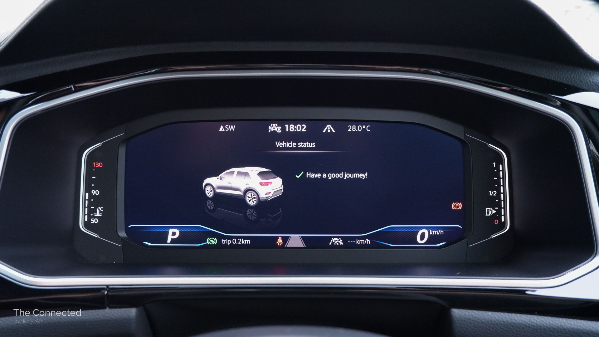 Volkswagen T-Roc driver instrument cluster showing vehicle status screen