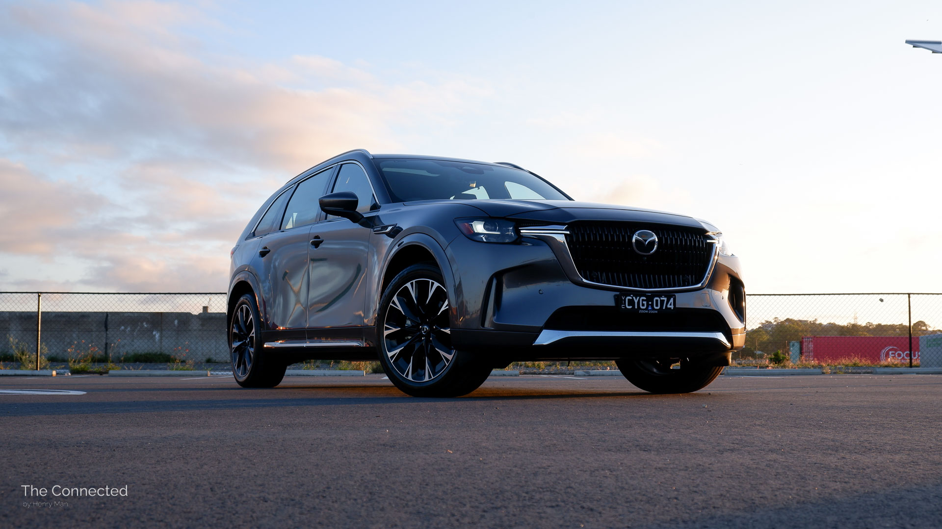 2024 Mazda CX-90 Azami front quarter view in sunset