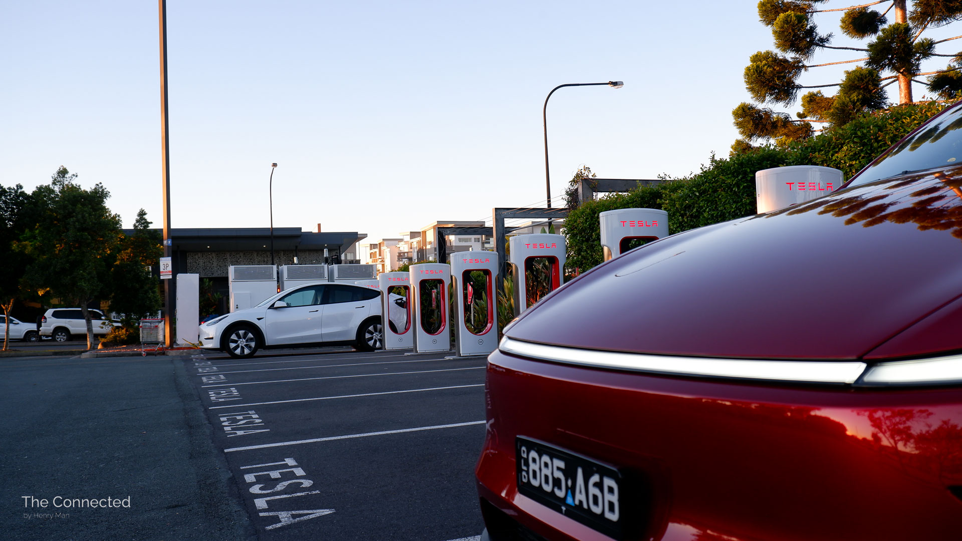 Two Tesla Model Ys at V3 Tesla Supercharging hub