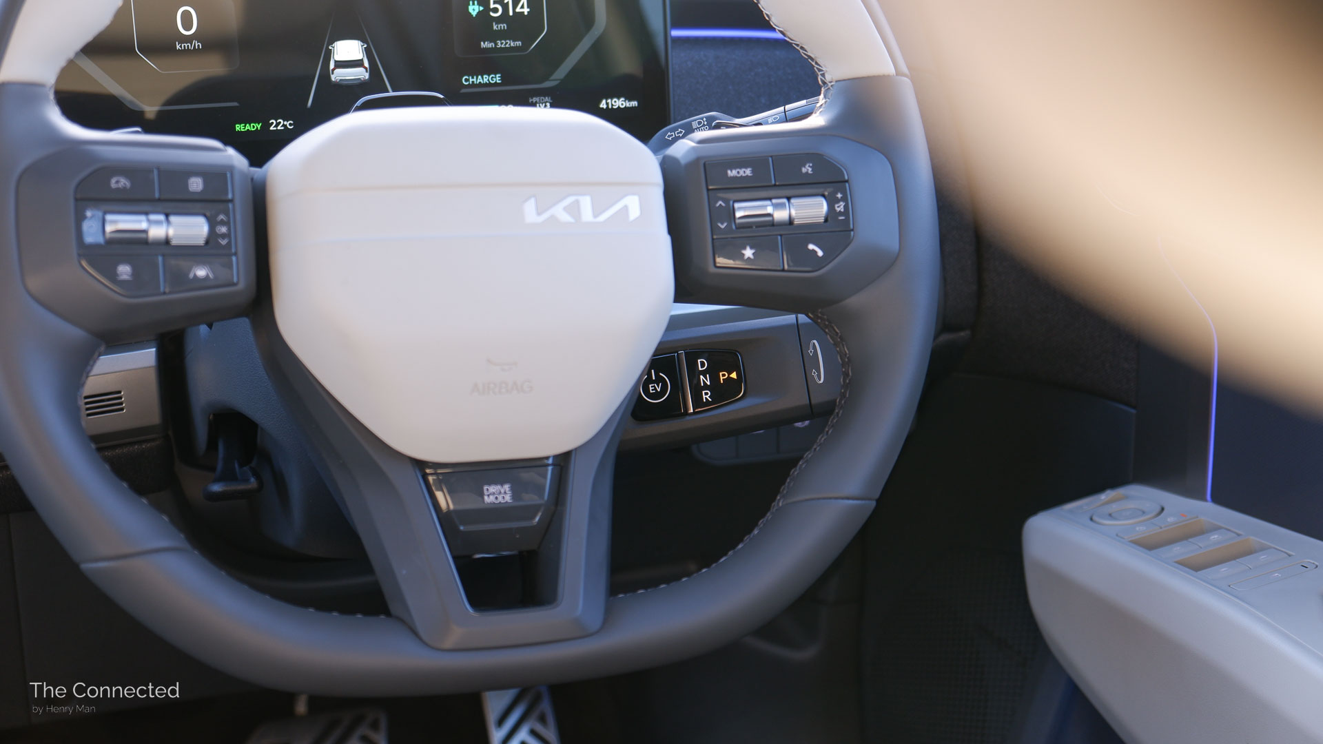 2026 Kia EV3 GT-Line steering wheel and drive selector stalk