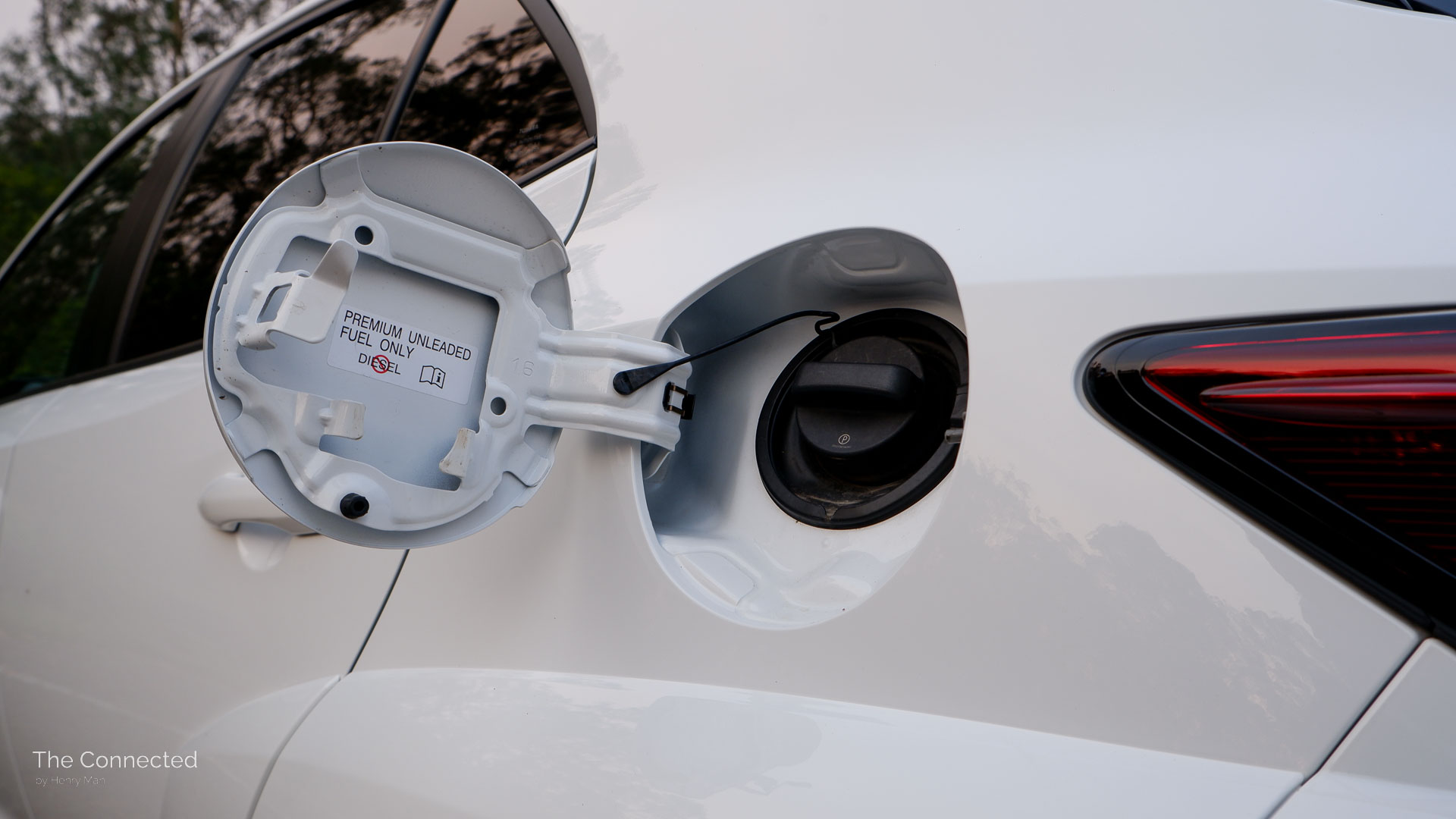 2026 Toyota GR Corolla GTS open fuel cap with 'Premium Unleaded Fuel Only' label