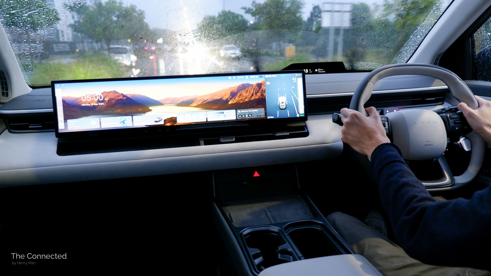 Man driving the 2026 Hyundai Elexio Elite during a rainy night